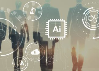Modern AI and technology concept with glowing circular nodes and connections.