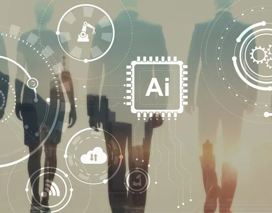Modern AI and technology concept with glowing circular nodes and connections.