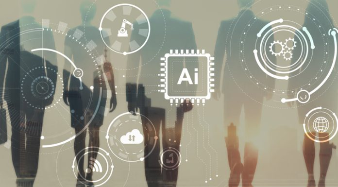 Modern AI and technology concept with glowing circular nodes and connections.
