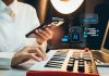 Person using smartphone while playing midi keyboard music controller, virtual chatbot interface with robot icon and help message on screen, artificial intelligence assistant