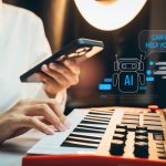 How AI is Revolutionising the Music and Creative Industry for Businesses Person using smartphone while playing midi keyboard music controller, virtual chatbot interface with robot icon and help message on screen, artificial intelligence assistant