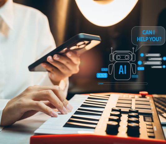 Person using smartphone while playing midi keyboard music controller, virtual chatbot interface with robot icon and help message on screen, artificial intelligence assistant