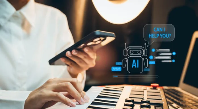 Person using smartphone while playing midi keyboard music controller, virtual chatbot interface with robot icon and help message on screen, artificial intelligence assistant
