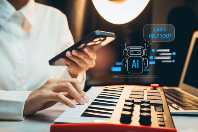 Person using smartphone while playing midi keyboard music controller, virtual chatbot interface with robot icon and help message on screen, artificial intelligence assistant