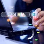 5 Ways Any Business Can Improve Its AI Visibility businessman showing AI-powered SEO Search Engine Optimization tools. The graphic features a search bar, an artificial intelligence chip icon. AI visibility in business