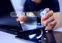 businessman showing AI-powered SEO Search Engine Optimization tools. The graphic features a search bar, an artificial intelligence chip icon. AI visibility in business