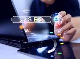 5 Ways Any Business Can Improve Its AI Visibility businessman showing AI-powered SEO Search Engine Optimization tools. The graphic features a search bar, an artificial intelligence chip icon. AI visibility in business