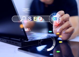 businessman showing AI-powered SEO Search Engine Optimization tools. The graphic features a search bar, an artificial intelligence chip icon. AI visibility in business