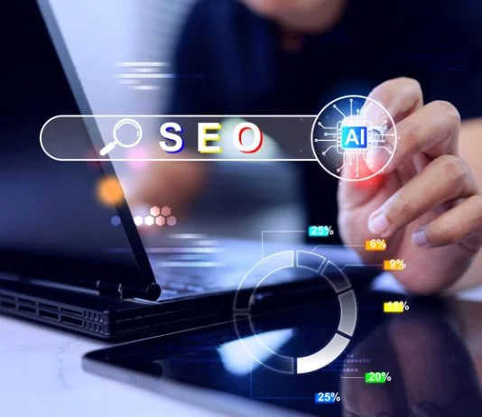 businessman showing AI-powered SEO Search Engine Optimization tools. The graphic features a search bar, an artificial intelligence chip icon. AI visibility in business