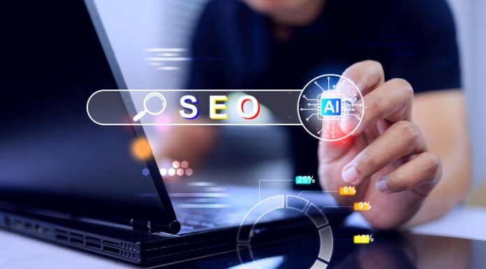 5 Ways Any Business Can Improve Its AI Visibility businessman showing AI-powered SEO Search Engine Optimization tools. The graphic features a search bar, an artificial intelligence chip icon. AI visibility in business