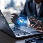 Businessman working on laptop with AI agents and assistants to enhance workflows with AI tools, Artificial Intelligence and automation. Human judgment in AI concepts