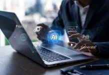 Businessman working on laptop with AI agents and assistants to enhance workflows with AI tools, Artificial Intelligence and automation. Human judgment in AI concepts