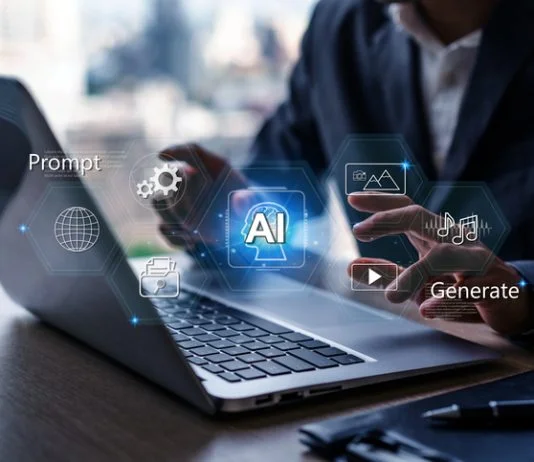 Businessman working on laptop with AI agents and assistants to enhance workflows with AI tools, Artificial Intelligence and automation. Human judgment in AI concepts