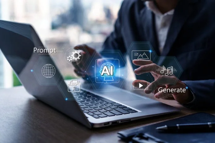 Businessman working on laptop with AI agents and assistants to enhance workflows with AI tools, Artificial Intelligence and automation concepts Businessman working on laptop with AI agents and assistants to enhance workflows with AI tools, Artificial Intelligence and automation. Human judgment in AI concepts
