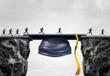 Education career opportunities concept as a group of graduating university studends crossing a mortarboard or graduation cap acting as a bridge to provide an opportunity and bridging the gap for business success. Youth Homelessness concept