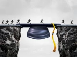 Youth Homelessness Beyond Housing: Integrating Education and Employment Policy Pathways Education career opportunities concept as a group of graduating university studends crossing a mortarboard or graduation cap acting as a bridge to provide an opportunity and bridging the gap for business success. Youth Homelessness concept
