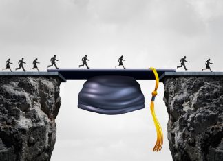 Education career opportunities concept as a group of graduating university studends crossing a mortarboard or graduation cap acting as a bridge to provide an opportunity and bridging the gap for business success. Youth Homelessness concept
