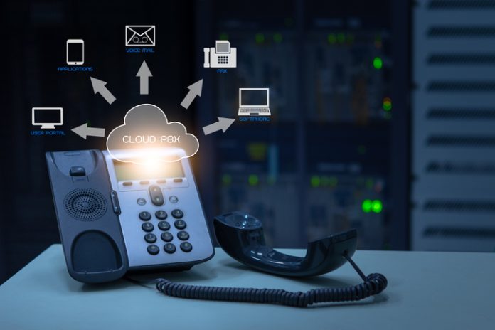 IP Telephony cloud pbx concept, telephone device with illustration icon of voip services Traditional PBX to Cloud