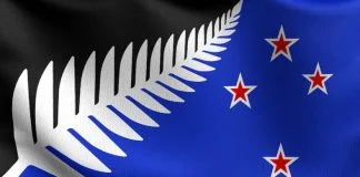 Lockwood silver fern, New Zealand national flag blowing in the wind.