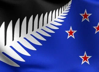 Lockwood silver fern, New Zealand national flag blowing in the wind.