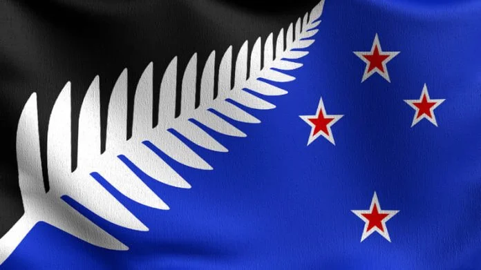 Lockwood silver fern, New Zealand national flag blowing in the wind.