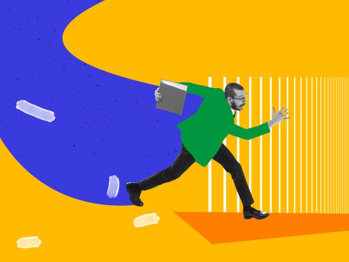 Contemporary art collage. Ideas, vintage, retro style, imagination. Young business man running on abstract background with drawings. Modern fashion and vintage business education