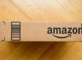 Amazon prime cardboard carton package on the wooden floor
