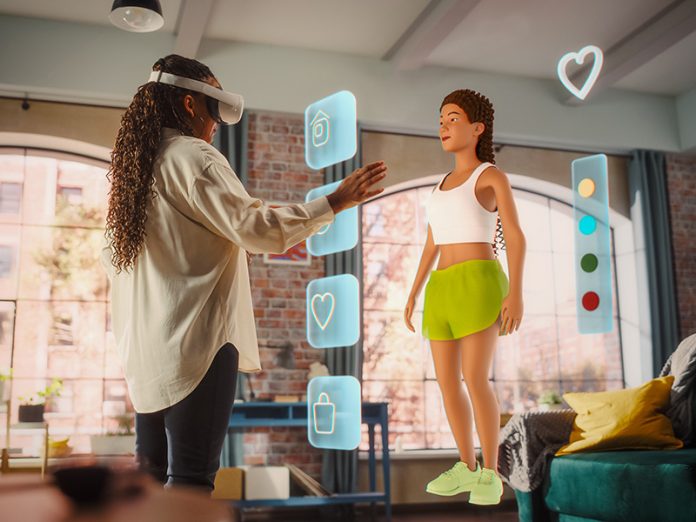 Black Woman Using Virtual Augmented Reality Headset for Online Shopping with 3D Avatar, Browsing Stylish Clothing items. Ordering from Mockup Internet Application from Online Store With Fashion Brands fashion AI