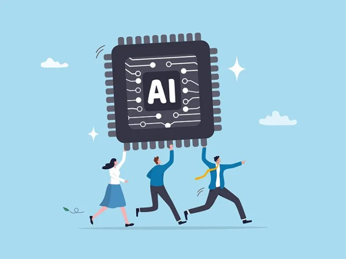 Embrace AI, Artificial Intelligence adoption, user or people who use AI to help and support work success, innovation or revolution to change business concept, business people carry AI processing chip. responsible AI