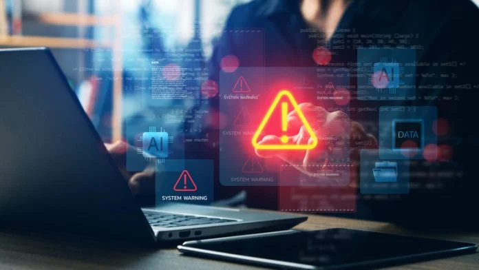 Cybersecurity system warning alert on laptop with AI and data icons, concept of artificial intelligence risks, data breach, malware attack, digital security, and technology protection. enterprise AI, risks, data breach, malware attack, digital security, and technology protection