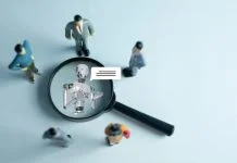 The Rearchitected Firm: Moving Beyond Hierarchies in an Age of Agentic AI The interaction between humans and AI. Miniature figures represent a team or customers engaging with a robot virtual assistant, symbolizing the future of communication and technology.