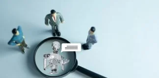 The interaction between humans and AI. Miniature figures represent a team or customers engaging with a robot virtual assistant, symbolizing the future of communication and technology.