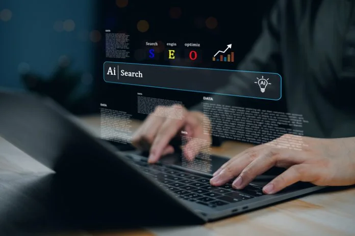 AI search SEO bar search engine data analysis assistant machine learning with hands typing on laptop and virtual interface in digital workspace. AI SEO Agency for B2B