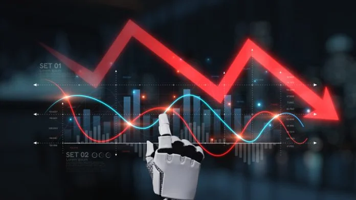 Futuristic robotic hand pointing towards declining financial graph with data visualization elements in a modern corporate environment Synapse This image captures the intersection of technology and market analysis in a modern workspace. Synapse. AI collapsing the cost concept