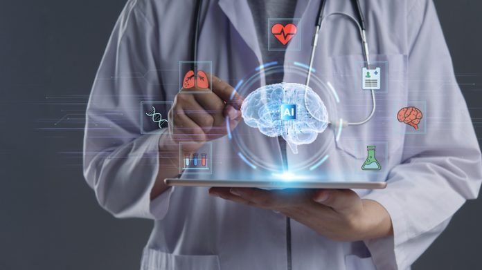 Doctor holding tablet with AI Brain hologram interface. Medical technology concept showing Artificial Intelligence in healthcare, smart diagnostics, and future data analysis for neurology research. Artificial Intelligence in healthcare, smart diagnostics, and future data analysis for neurology research. Sustainable Healthcare AI concept