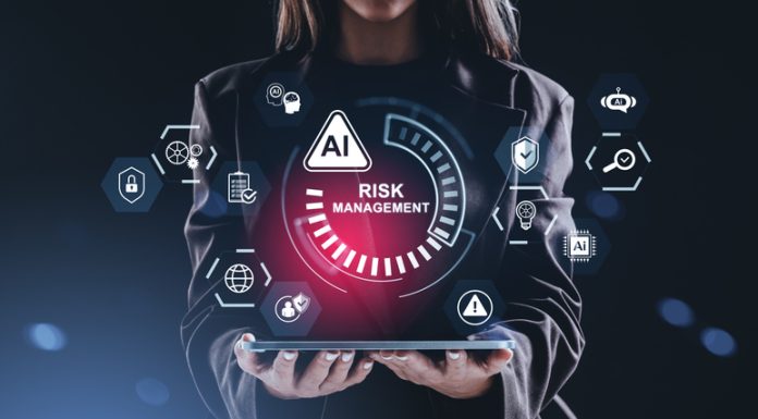 Businesswoman holding tablet with AI risk management digital interface, surrounded by futuristic icons, on a dark creative background, concept of security