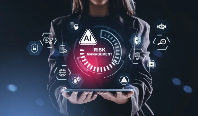 Businesswoman holding tablet with AI risk management digital interface, surrounded by futuristic icons, on a dark creative background, concept of security