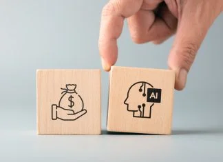 Can AI Influencers Become a Real Income Strategy? A More Careful Look at the Opportunity Hand placing an AI block next to a money symbol, representing AI adoption, income generation, business opportunities, productivity improvement, and technology driven growth