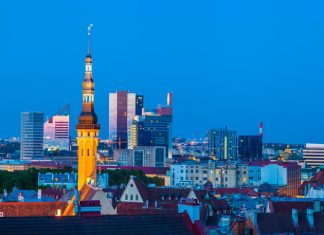 Cityscape of old Tallinn, Estonia old and modern buildings at twilight. Estonia’s Digital Evolution concept