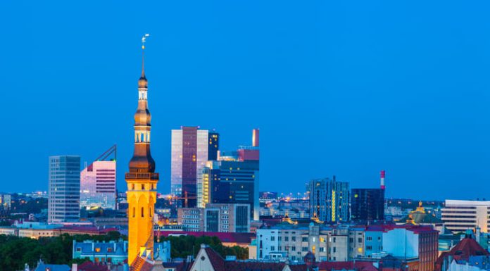 Cityscape of old Tallinn, Estonia old and modern buildings at twilight. Estonia’s Digital Evolution concept