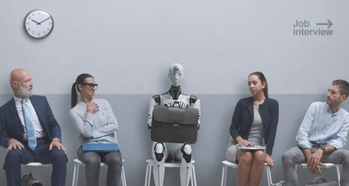 Job applicants staring at the robot candidate and waiting for the job interview AI interview preparation