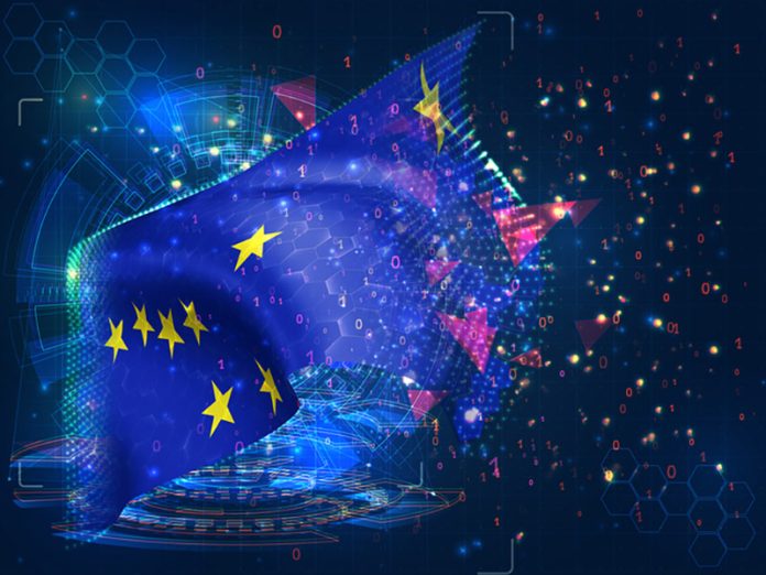 Alaska, vector flag, virtual abstract 3D object from triangular polygons on a blue background Europe AI