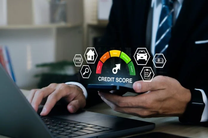 Credit score concept.Businessman evaluate customer statistical data with credit score icon. Online credit score ranking check. Loan, mortgage and payment cards. credit risk analytics software