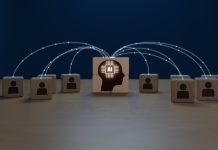 Artificial intelligence human icon connects AI brain icon network to improve human performance