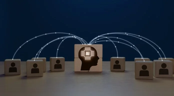 Artificial intelligence human icon connects AI brain icon network to improve human performance