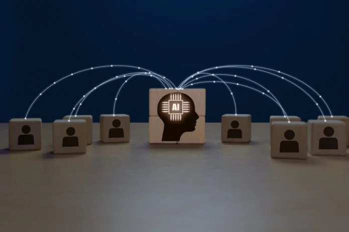 Artificial intelligence human icon connects AI brain icon network to improve human performance Artificial intelligence human icon connects AI brain icon network to improve human performance