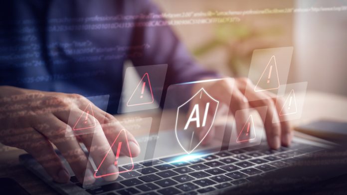 Safety concept, AI shield, warning sign and check mark, safety measures in artificial intelligence system. Organisations Can Ensure AI Investment is Reducing Insider-Driven Risk