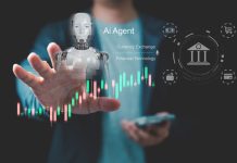 Close up businessman interacting with AI agent and financial technology interface with stock chart and banking icons, representing fintech automation, currency exchange and intelligent trading system.