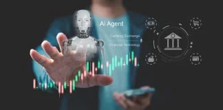 Close up businessman interacting with AI agent and financial technology interface with stock chart and banking icons, representing fintech automation, currency exchange and intelligent trading system.