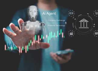 Close up businessman interacting with AI agent and financial technology interface with stock chart and banking icons, representing fintech automation, currency exchange and intelligent trading system.